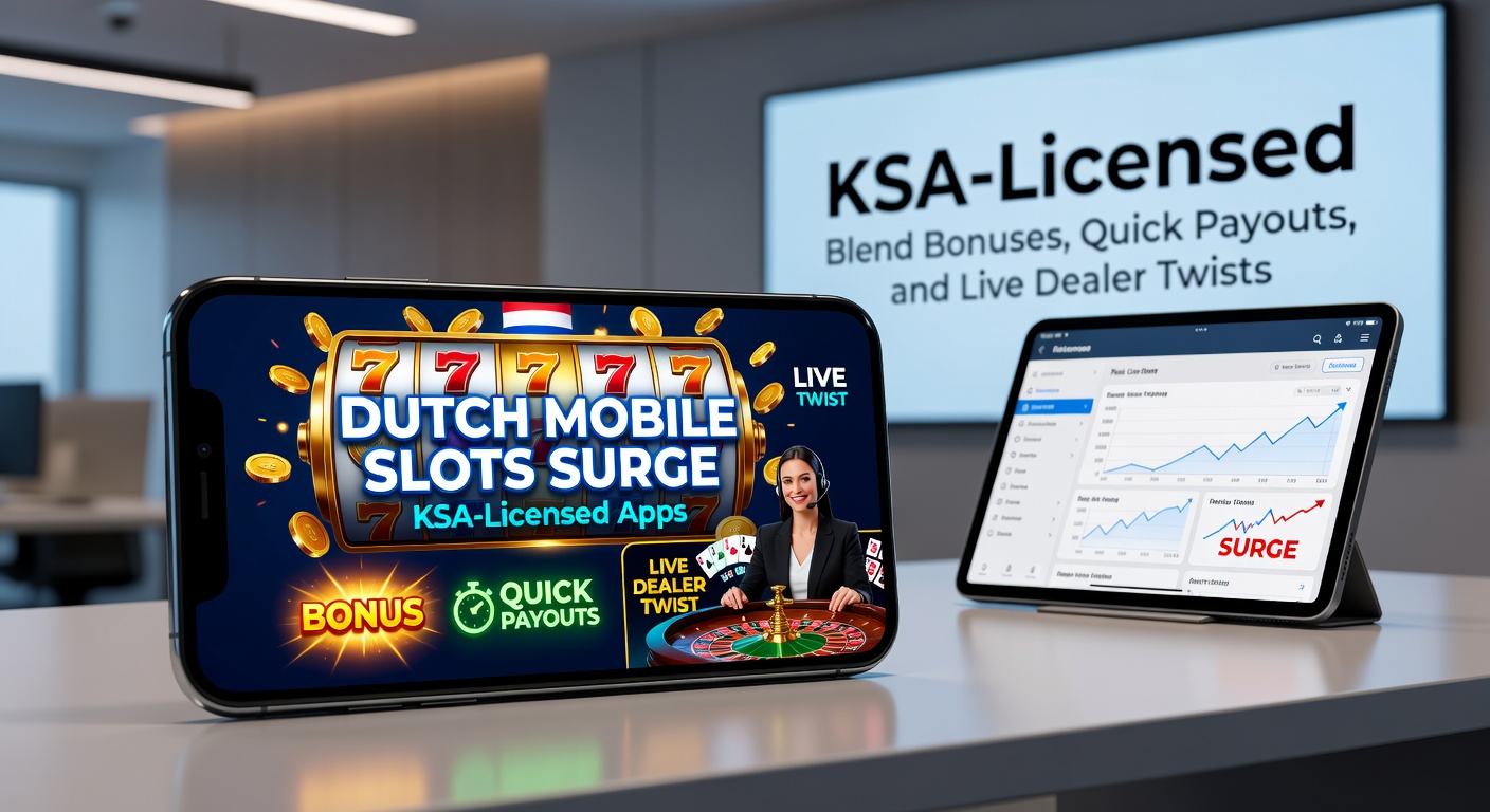 Smartphone met kleurrijke mobiele slotapp op scherm, met KSA-logo en draaiende reels op de achtergrond