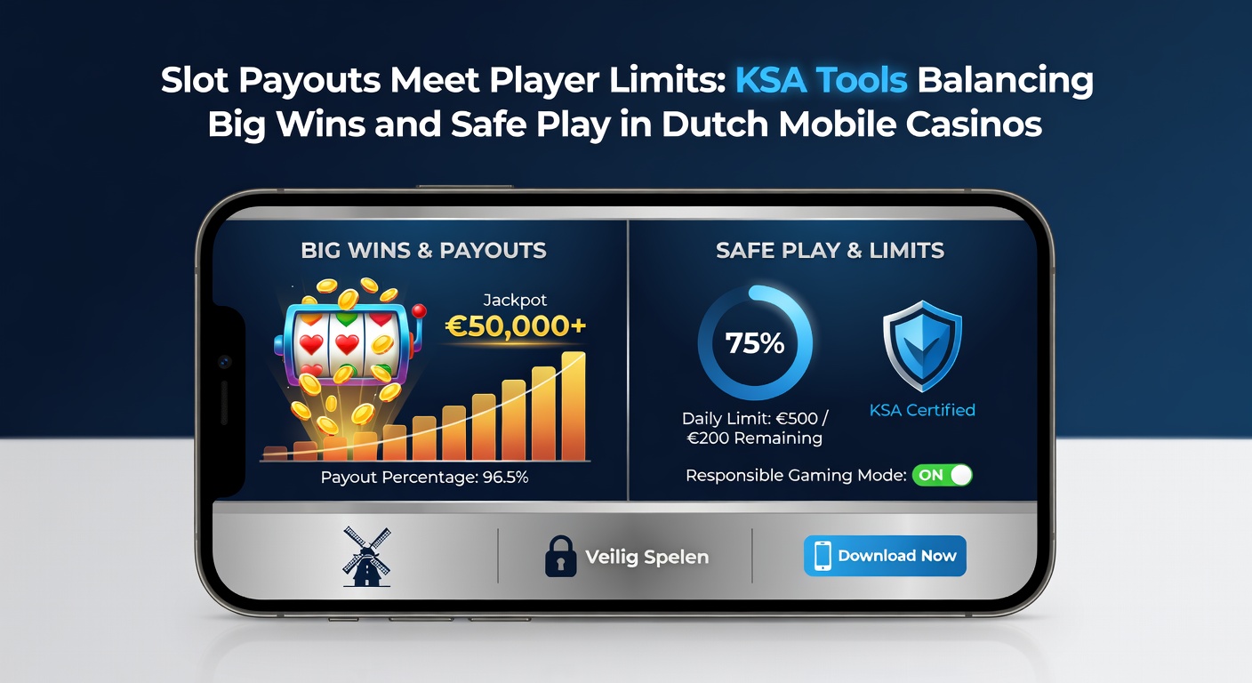 Mobiele slotinterface met KSA-limietwaarschuwingen en een grote jackpotwinst, toonbeeld van gebalanceerd gokken in Nederland