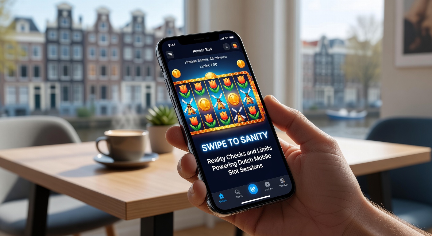 Smartphone met slotspel interface en overlay van een realiteitscheck die speelduur en uitgaven toont op een Nederlands gelicentieerd casino platform